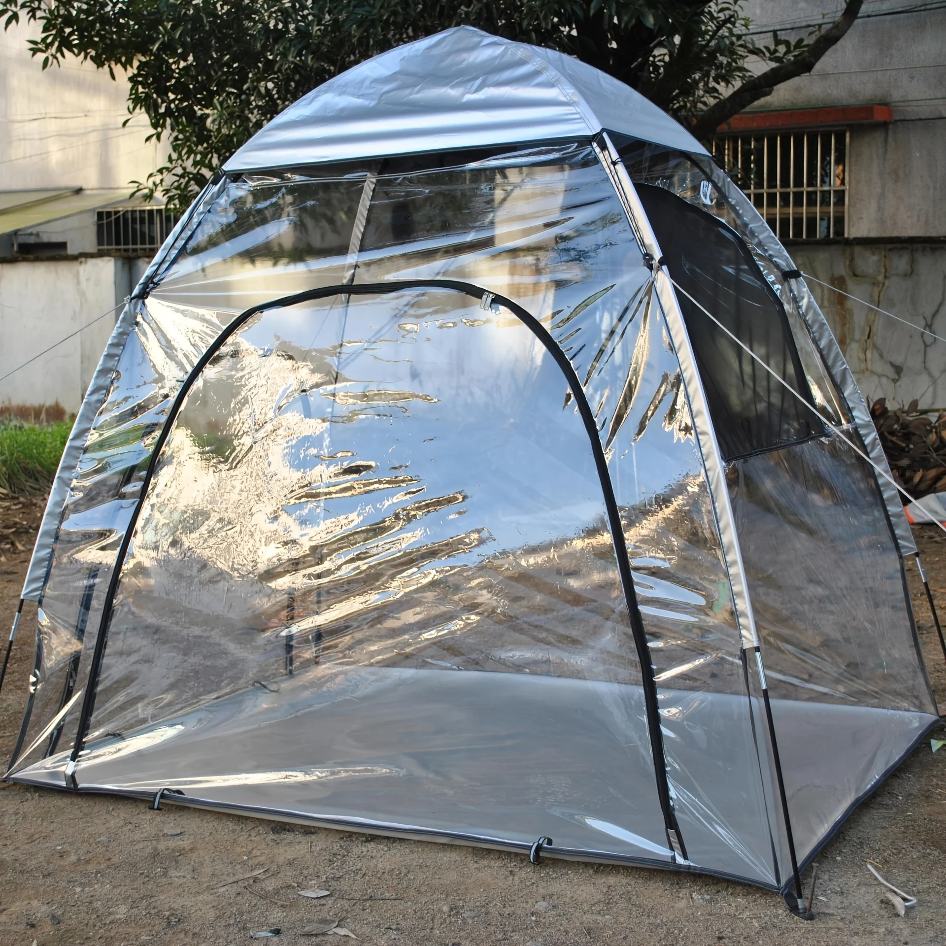 

Outdoor camping 2-person transparent PVC tent, semi oval waterproof with zipper, UV resistant and windproof fiberglass tent