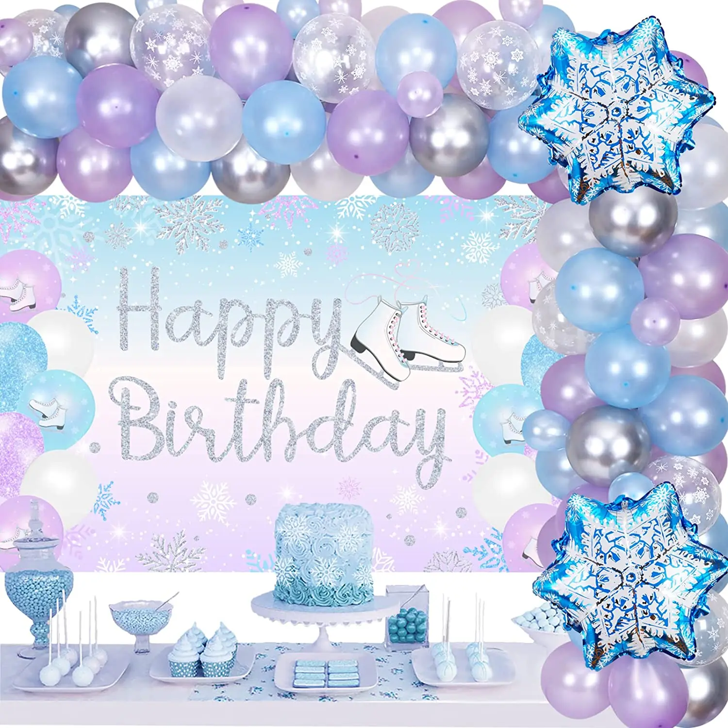 

Birthday Party Decorations for Girl, Snow Balloon, Garland Kit with Backdrop, Snowflake, Ice Skating, Party Supplies, Winter