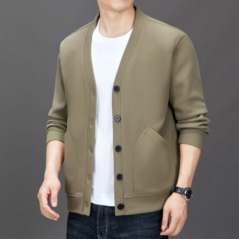 

Solid color V-neck jacket, daily commuter casual single-breasted cardigan for men, business casual cardigan.