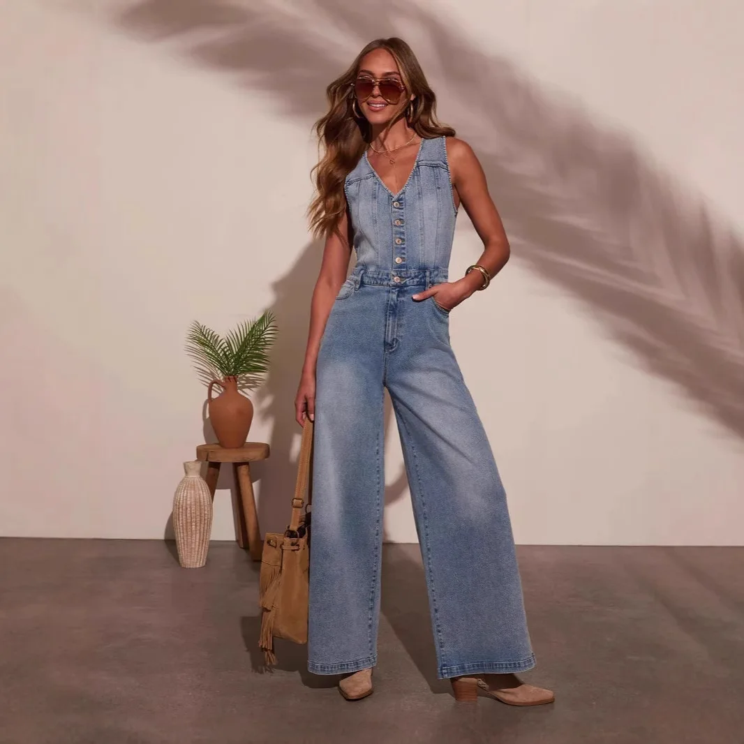 

2025 Summer New Women's Casual V-neck Sleeveless Denim Jumpsuit Trousers Women