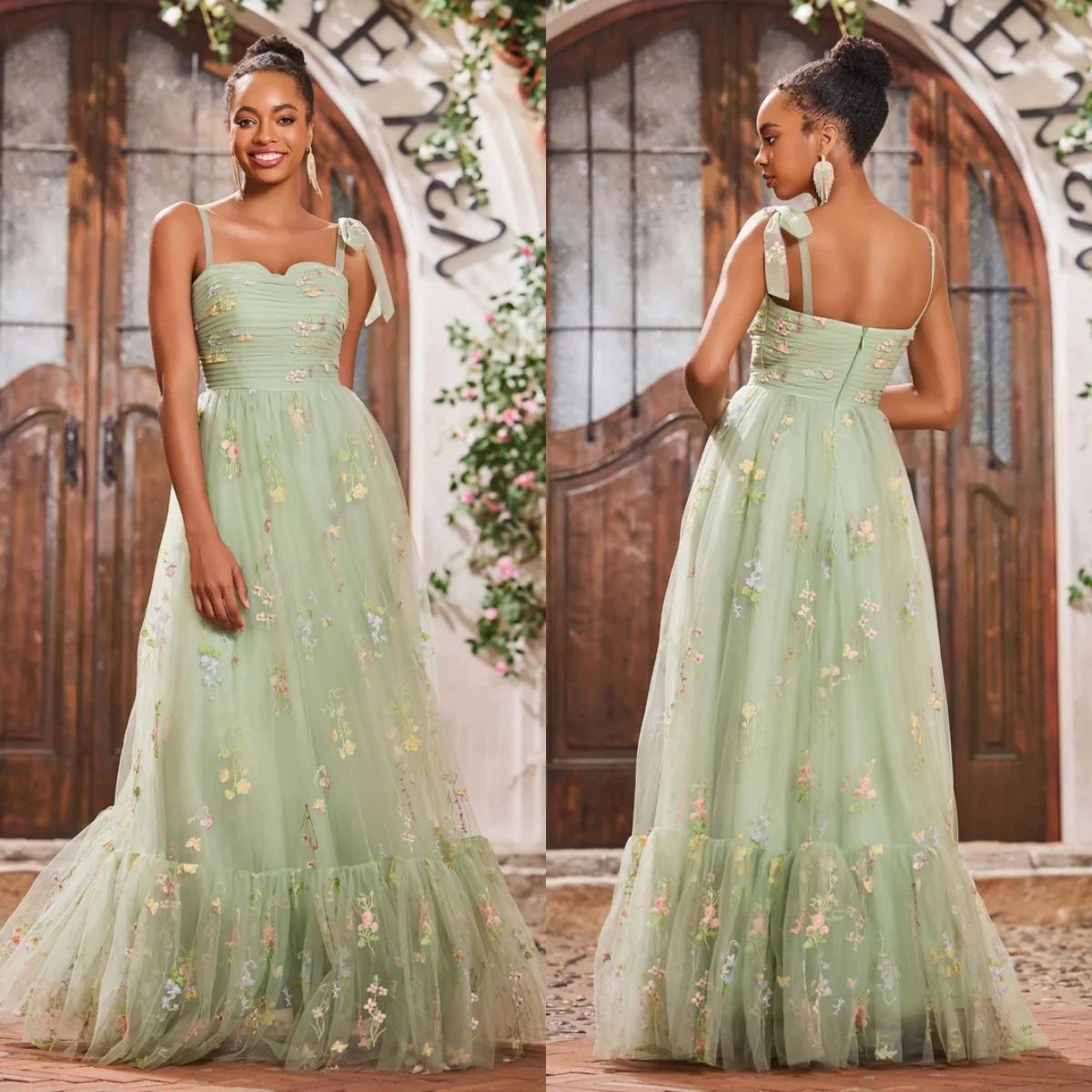 

Vintage Green A Line Prom Dresses Lace Sleeveless Tulle Evening Gowns Elegant Floor Length Customized Wedding Guest Dresses