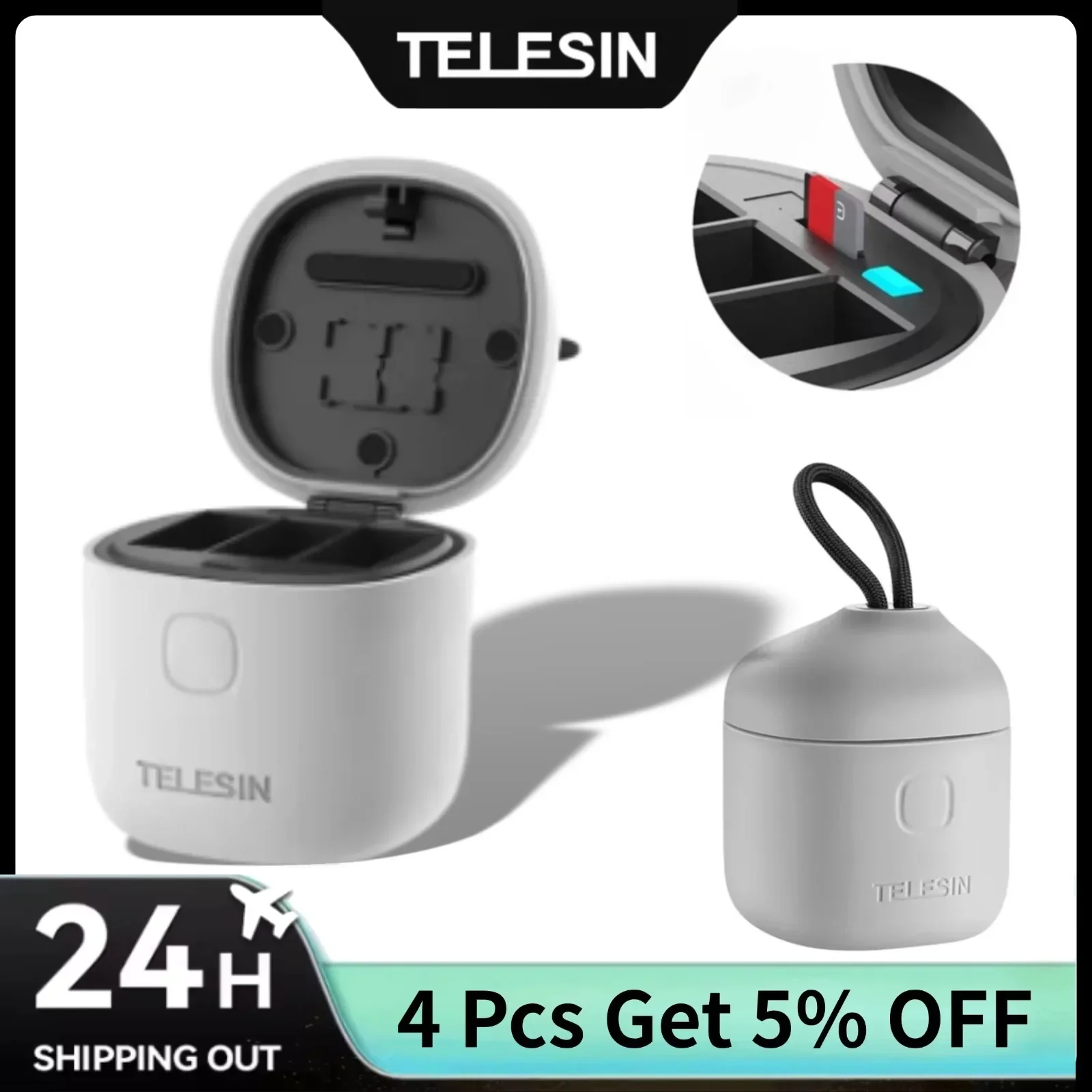 

TELESIN Quick-Charging Box with TF Card Reader for Gopro Hero 12 11 10 9 Black 3 Slots Battery Charger Action Camera Accessories