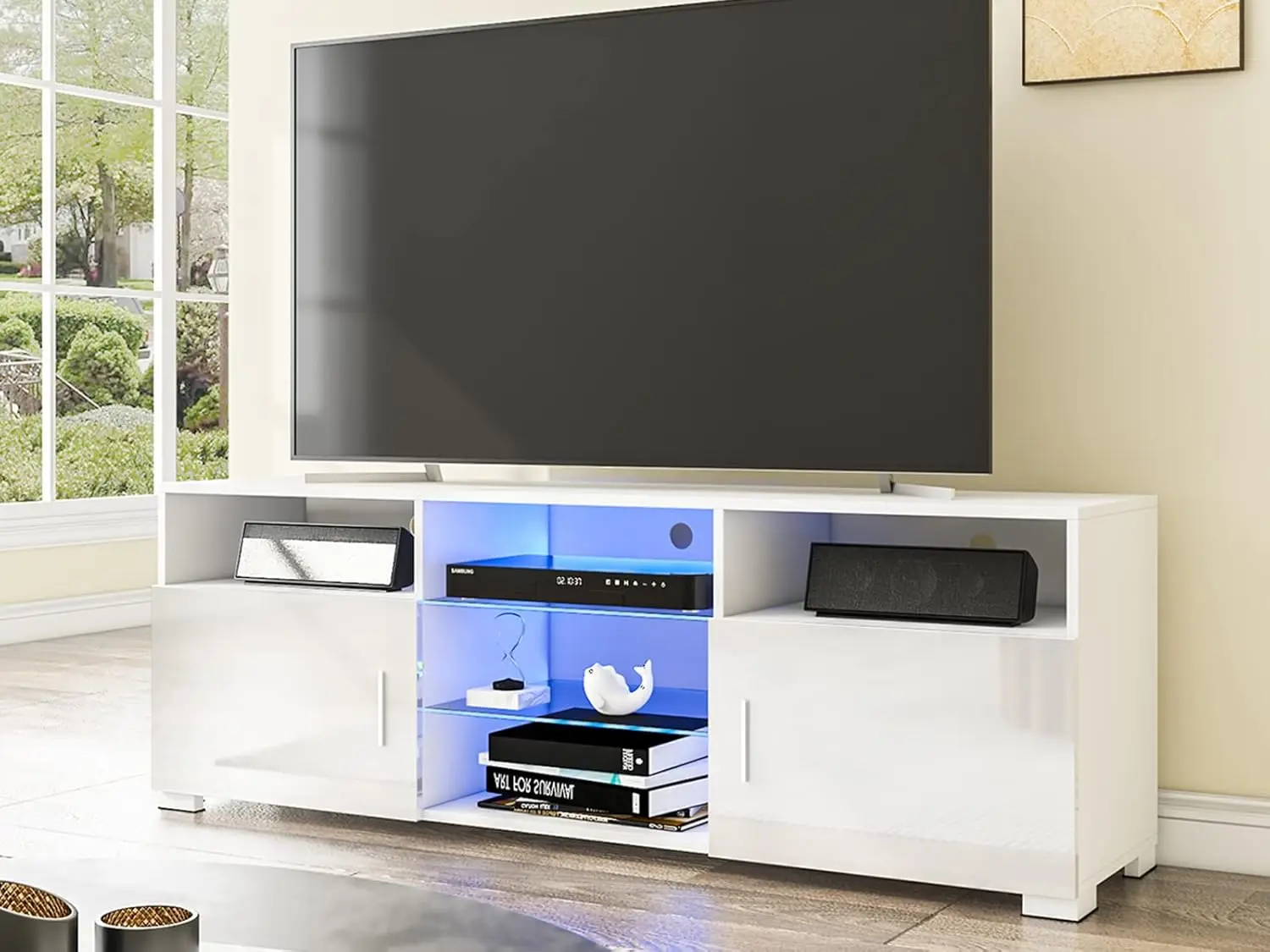 LED TV Stand for 65 inch TV White LED Entertainment Center with High Glossy Storage Modern Gaming TV Media Console