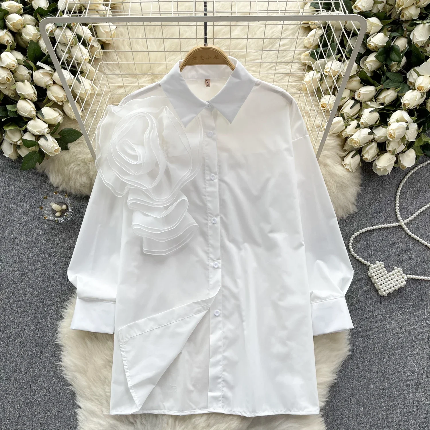 2024 Solid Summer Shirts&blouses 3D Flowers Vintage Korean Fashion Women Tops Elegant Sweet Party Blusas Mujer