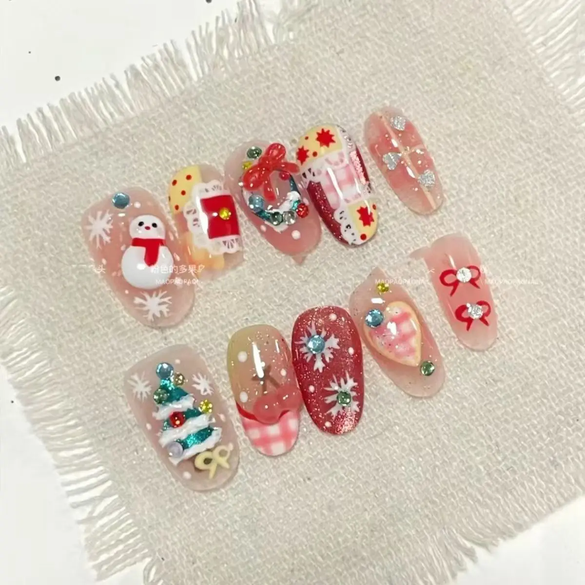 Christmas Manicure Christmas Snowman New High-end Cute White Bow Short Nails Fake  Nails Set Press On