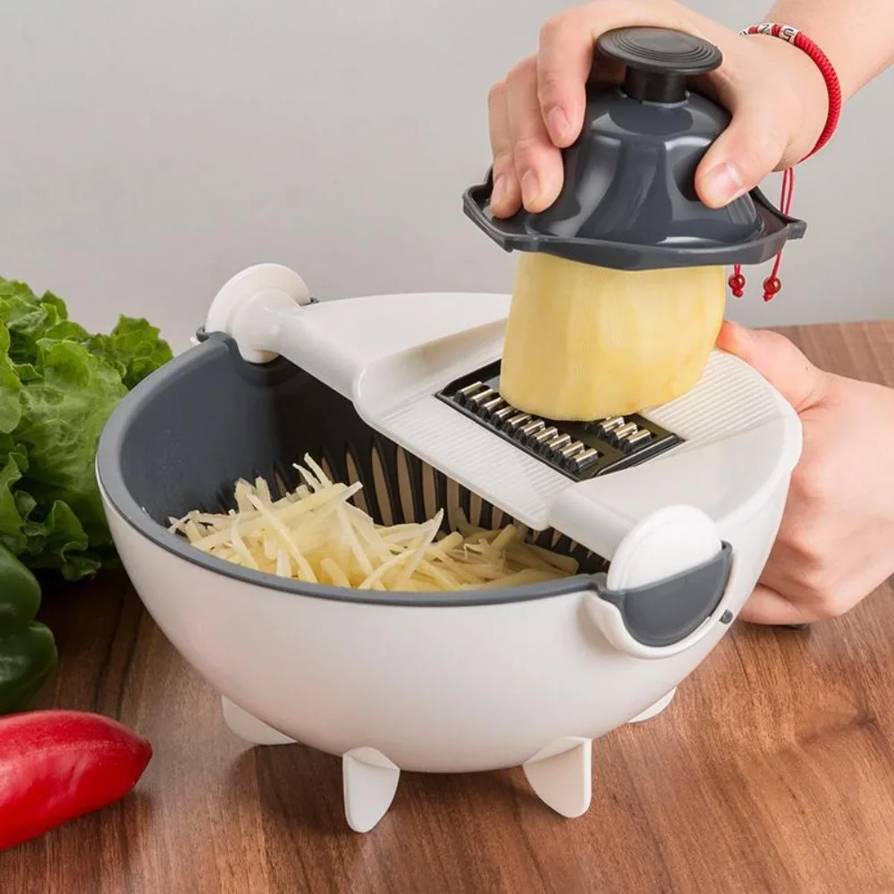 

Household Manual Rotate Vegetable Slicer 9 in 1 with Peeler Vegetable Chopper 5 Types Blades Vegetable Drain Basket Potato