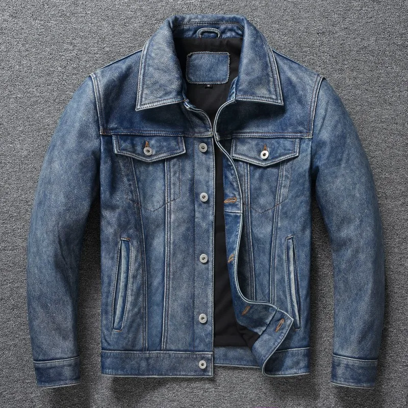 

Classic Retro Blue 507 Natural Cowhide Men's Leather Fashion Casual Leather Jacket Short Lapel Motorcycle Jacket Tooling Jacket