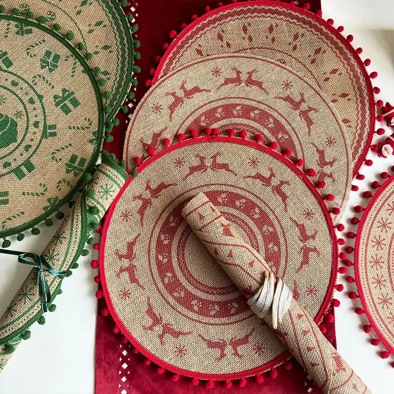 

4pcs/Set, Christmas Hand Woven Linen Round Placemats, Insulated Non-Slip Round Printed Decoration, For Home Dinning Table
