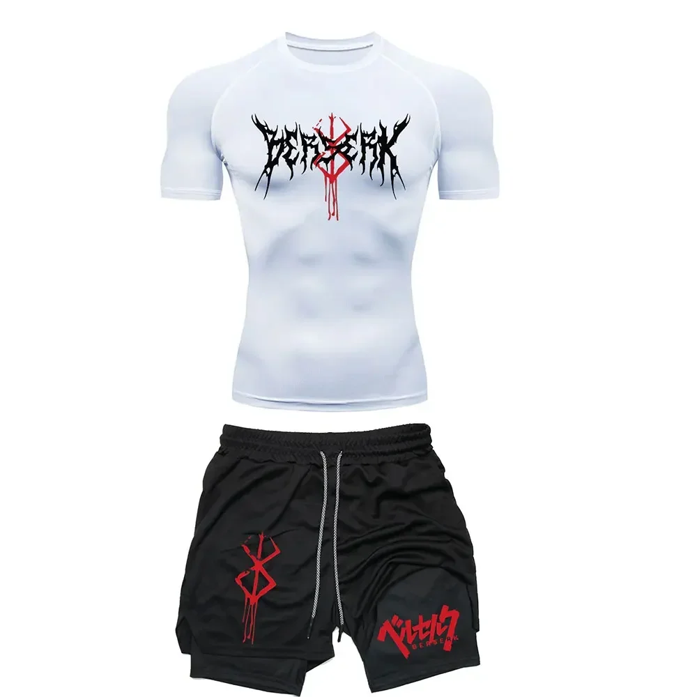 Summer Men Sports Set, Moisture Wicking Short Sleeve T-Shirt and Dual Layer Running Shorts for Outdoor Activities