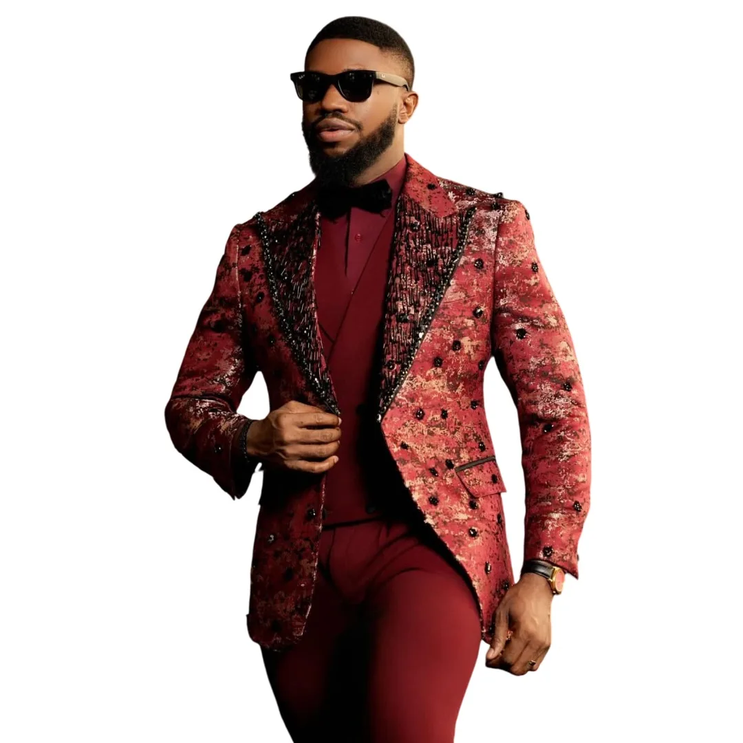 

Modern Men's Suit 2 Pieces Blazer Pants Beads Sequins Appliques Business Formal Work Wear Wedding Groom Customized Costume Homme