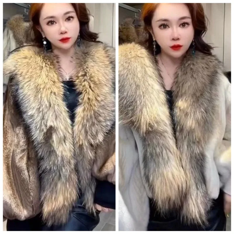 Veste de fourrure rajeunissante automne et hiver nouvelle femme européenne vison avec Golden Island raton laveur chien grand col de fourrure courte mode