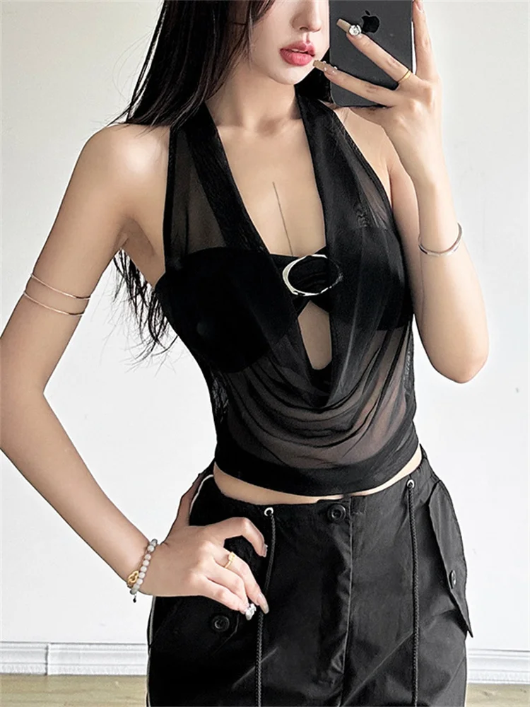 CHRONSTYLE Mesh Sheer See Through Tank Summer Party Clubwear for Women Halter Off Shoulder Backless Black Mini Vest 2025 Bustier