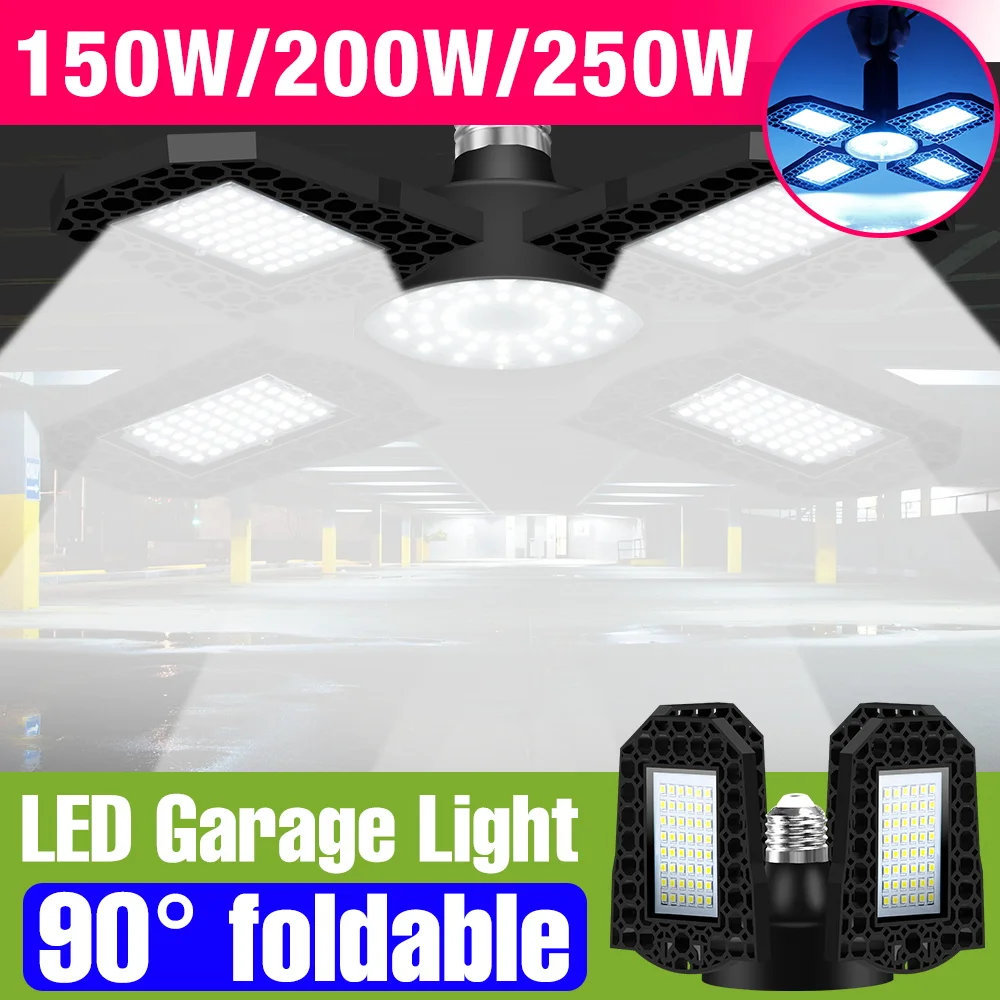 

Светодиодный потолочный светильник для гаража 250 Вт, E27, складной, деформируемый, высокая яркость, 220 В, для склада, мастерской, парковки, освещение больших площадей