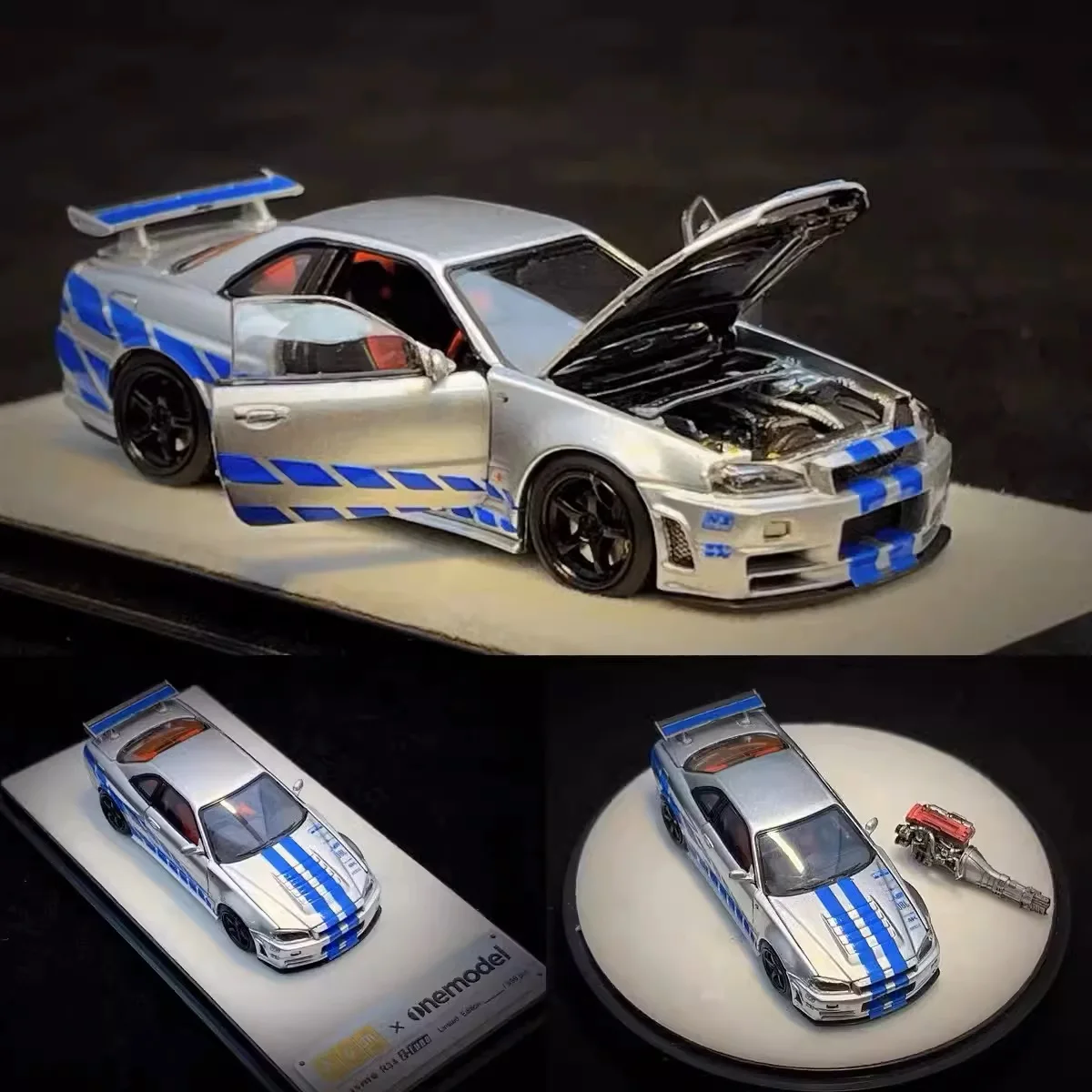 Instock PGM GTR R34 Silver Blue Stripe Speed and Passion Alloy Full Drive Car Model