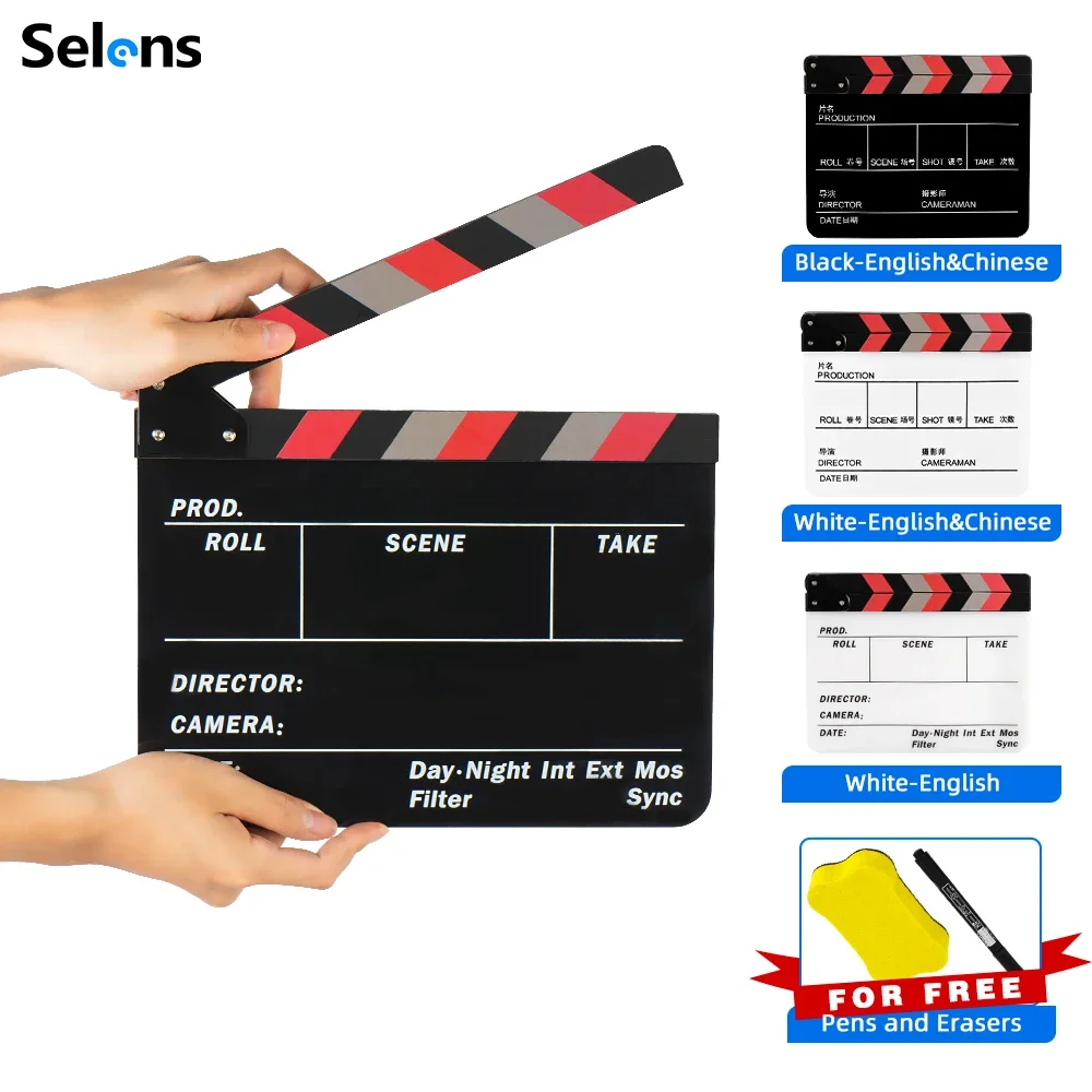 Selens Clapper Board Acrylic Movie Action Slate Director Film Clapboard Slate Wooden with Pen