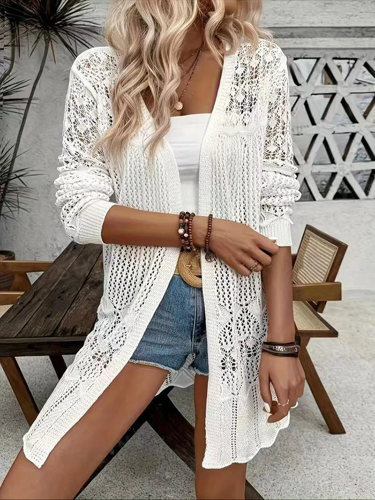 Women Hollow Out Long Sleeve Cardigan Sexy Loose Beach Cover-Ups Fashion Women\'s Solid Cardigan Coat Holiday Casual Outfit