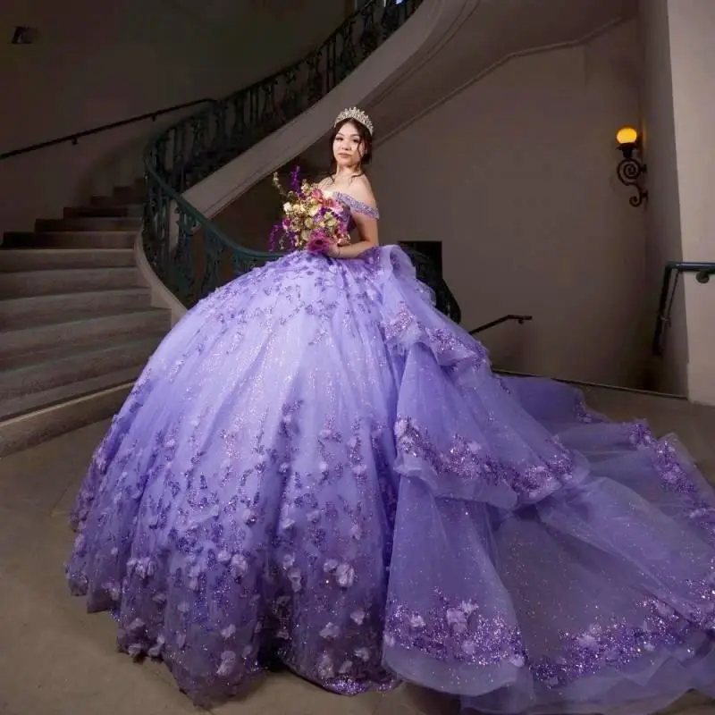 Lavender Shiny Princess Quinceanera Dresses Ball Gown Sequins Applique Lace Flower Beads Tull Mexico Sweet 16 Dress Vestidos De