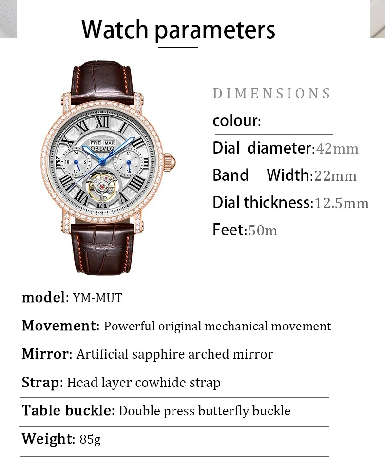 OBLVLO Мужские автоматические часы 42 мм Механические наручные часы Светящийся скелетонизированный циферблат Сапфировый римский номер Месяц, тиждень, дата, 24 часа