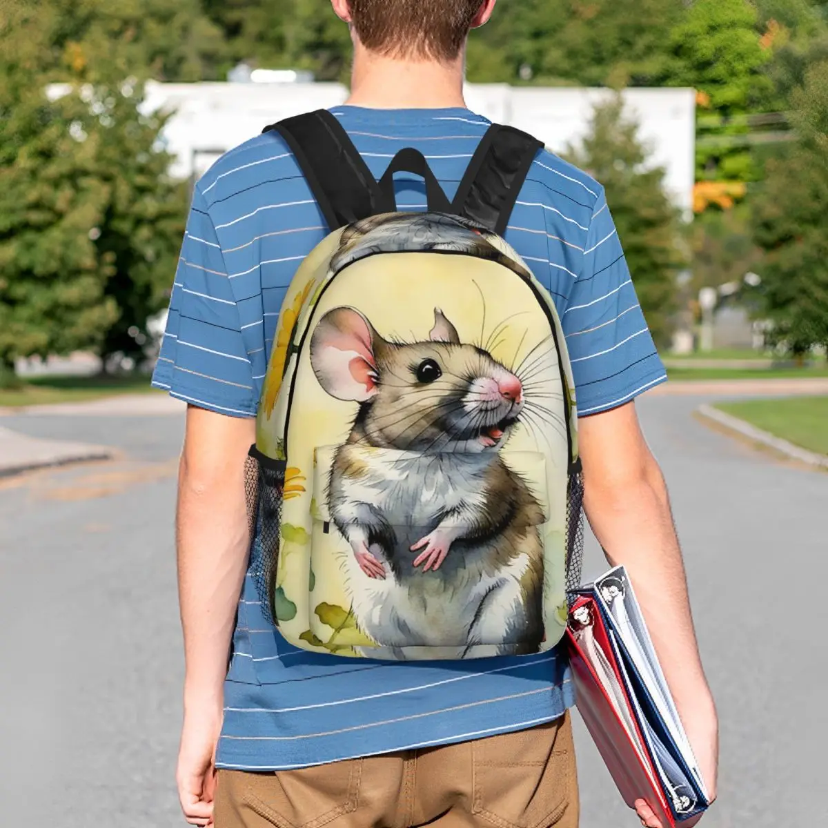 Cartoon Rat And Plant Watercolor Painting Backpack Student BookBag Children School Bag Computer Shoulder Bags for Men Women