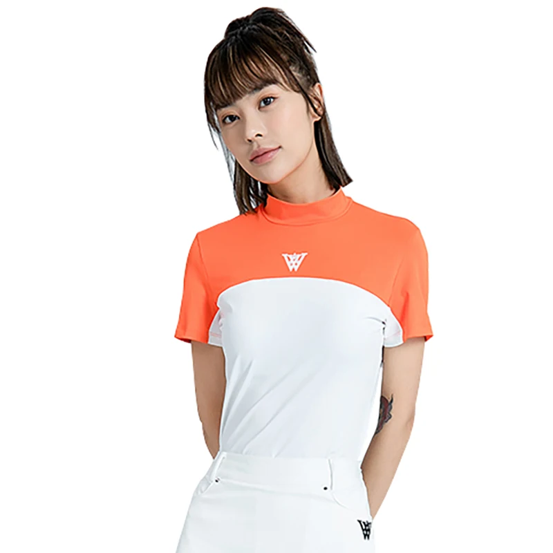 

Summer New Ladies Golf Clothing Outdoor Sports Shirt Breathable Half High Neck Short Sleeve T-Shirt Casual Color Block Pullover