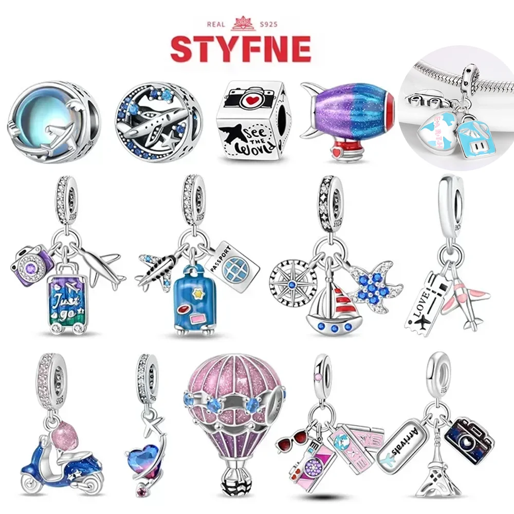 Silver S925 Colorful Travel Luggage Charms Plane Beads Fit Original Bracelets DIY Anniversary Jewelry for Women Fine  Gift