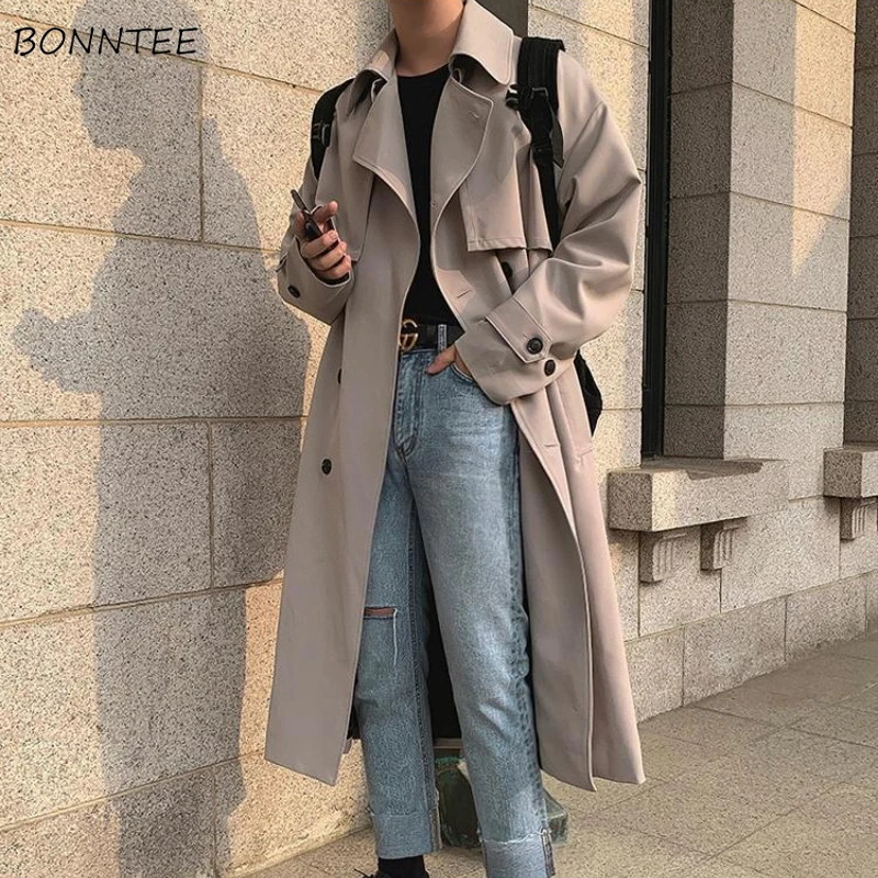 

Men Over Knees Trench Double Breasted Handsome Belt Windbreaker Classic Streetwear Spring Autumn Temper Students Ulzzang Daily