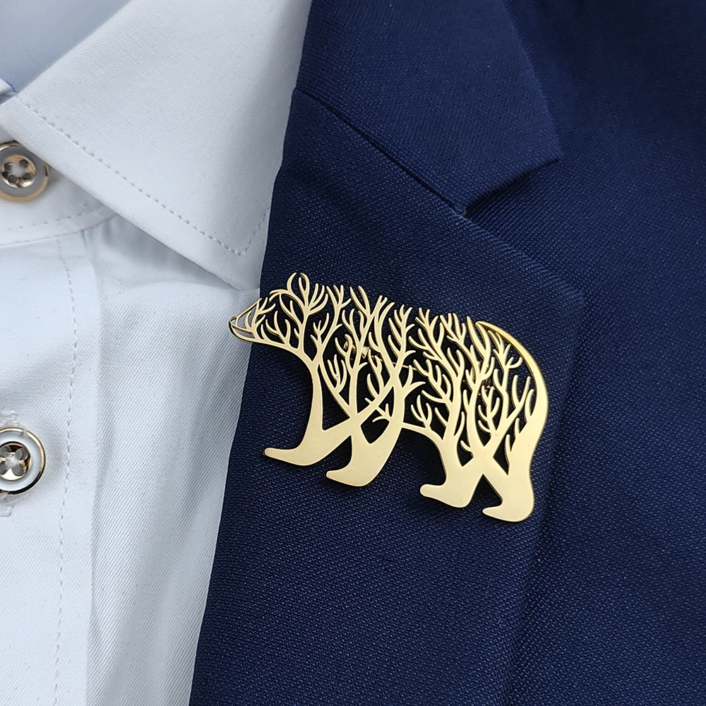 Bear Pattern Brooch for Mens Luxury Stainless Steel Hollow Animal Lapel Pin Clothing Accessories Christmas Party Gifts