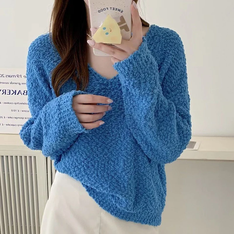 Lazy Style Loose V-Neck Plush Pullovers Women Autumn Winter Y2K Solid Color Cropped Sweater Korean Retro Soft Knitting Jumpers