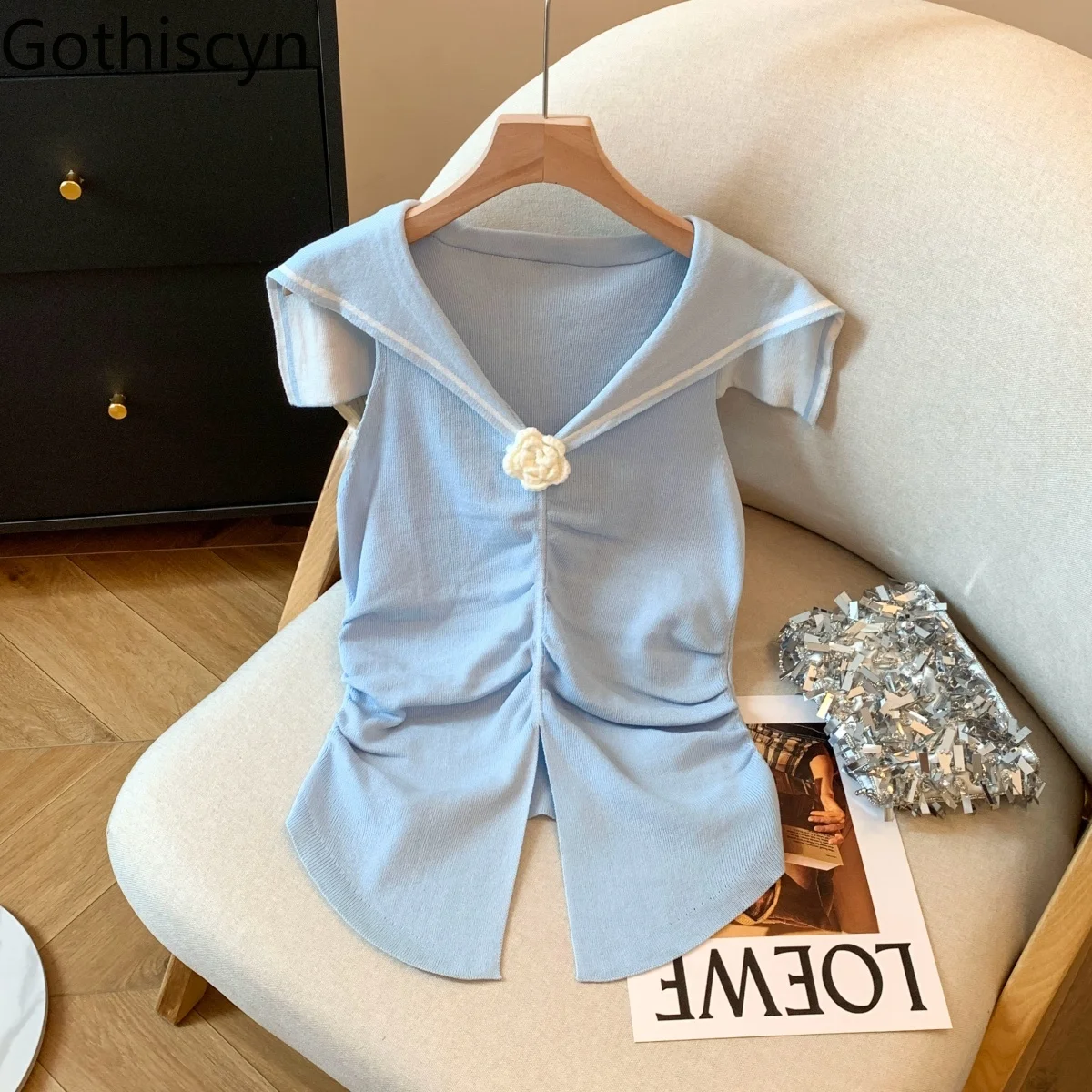 

Gothiscyn Preppy Style Sailor Collar Knitted Vest Women's Summer Ice Silk Flower Sleeveless Pleated Top Fashion Female Clothes