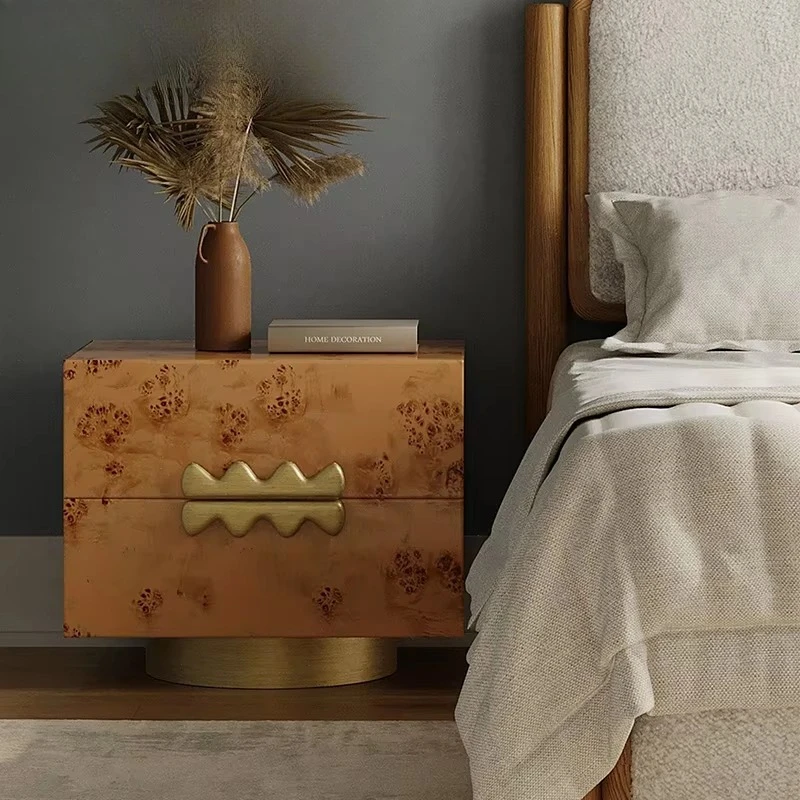 

Furniture Modern American Hotel Home Villa Burr Wood Veneer 2 Drawer Wooden Bedside Table Bedroom Bedside Table