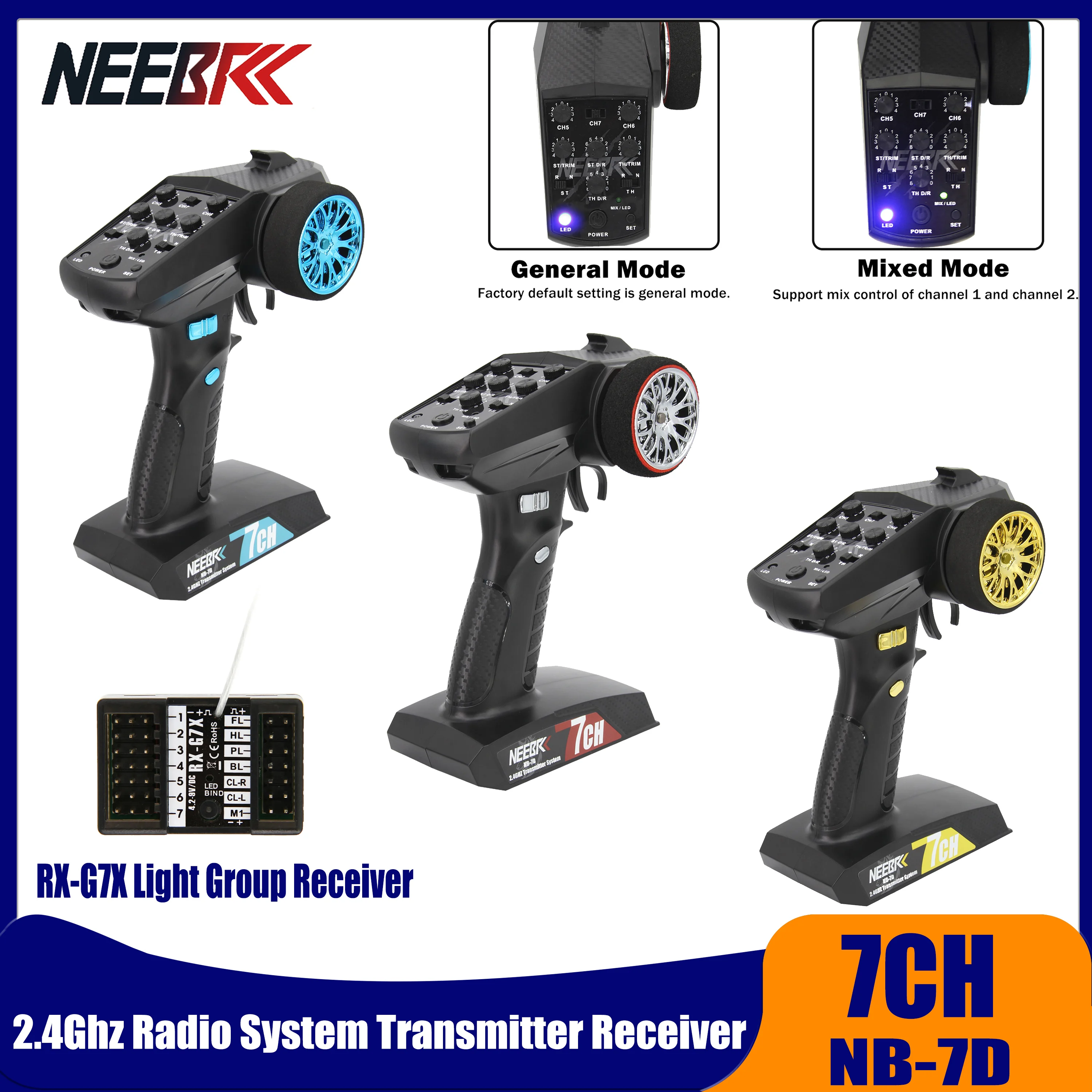 NEEBRC NB-7D 7CH 2.4Ghz Transmitter Radio System with Receiver 7 Channel Light Remote Control for RC Car Boat Robot Model Toy