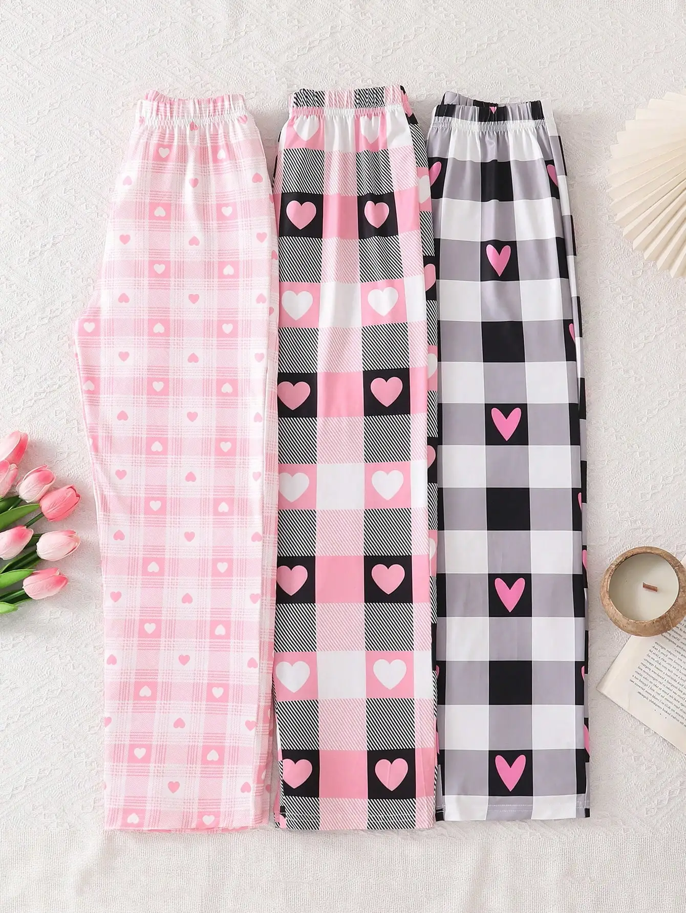

3pcs/Pack Girls Casual Plaid Pants, Heart Pattern, Loose Wide Leg Trousers, Soft & Comfortable, Suitable For Spring & Autumn,