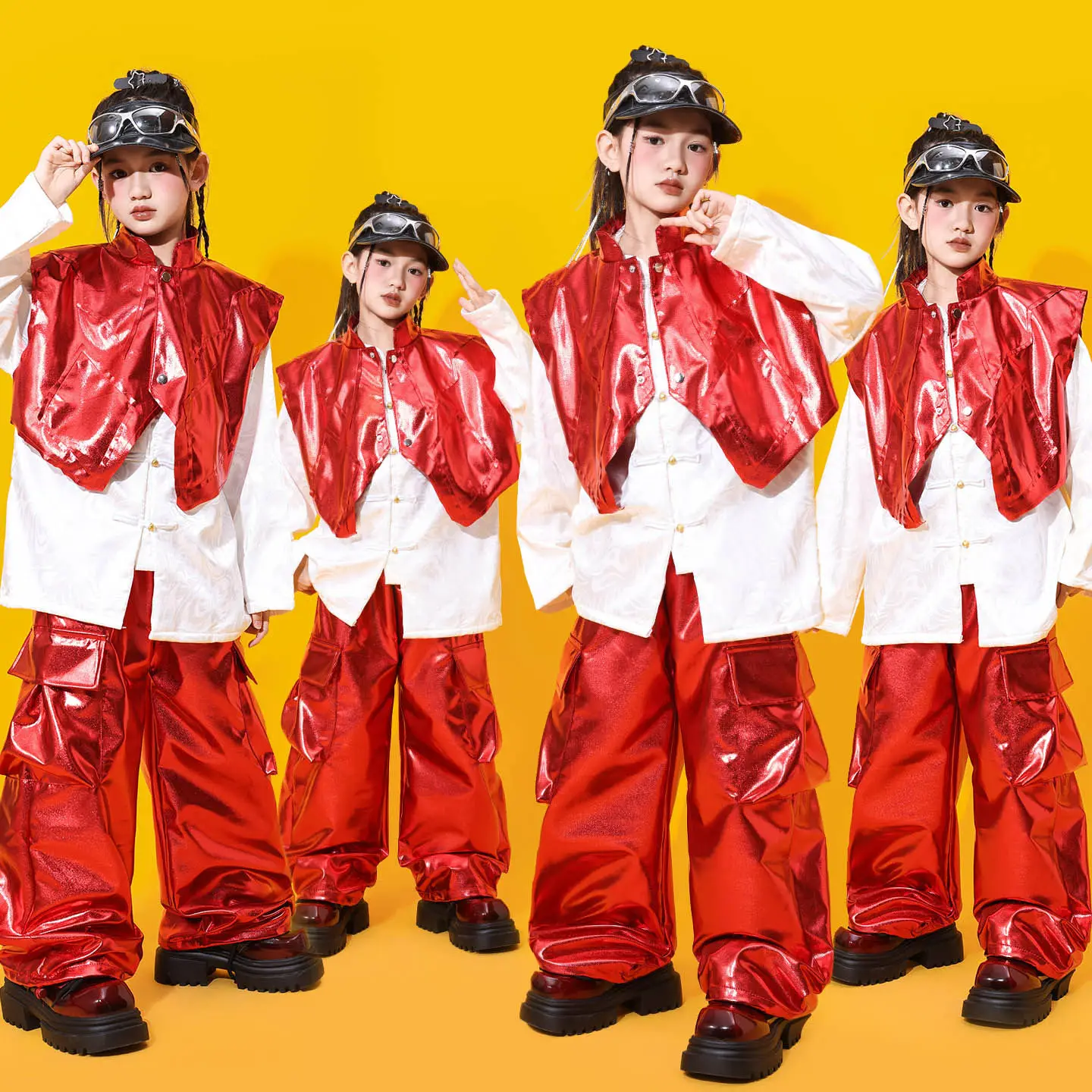 

2026 New Jazz Dance Performance Costumes For Girls Red Vest Hiphop Pants Outfits Children Modern Hip Hop Dance Clothes DQS21903