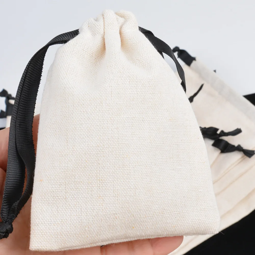 50pcs/lot 9*12 10*15 13*18cm White Cotton Drawstring Pouches With Black Rope Jewelry Gift Bags Women's Cosmetic Bag Custom Logo