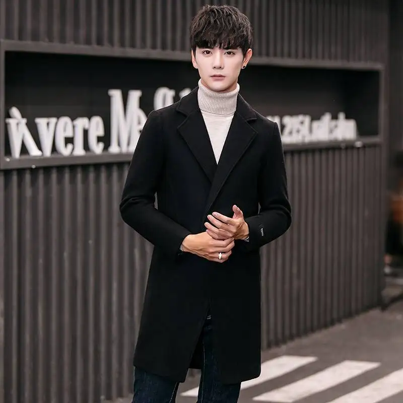 

2025 Autumn Winter Men's Korean Style Woolen Overcoat Trendy Mid Length Casual Warm Wool Coat for Young Men