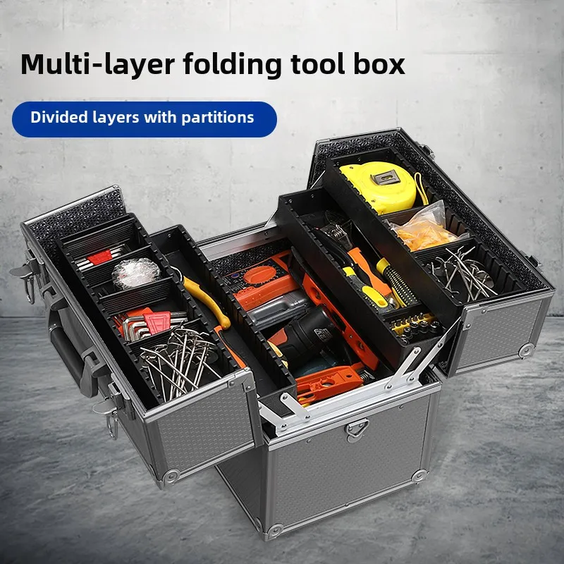 

Double-opening multi-layer folding multi-functional aluminum alloy toolbox storage box large