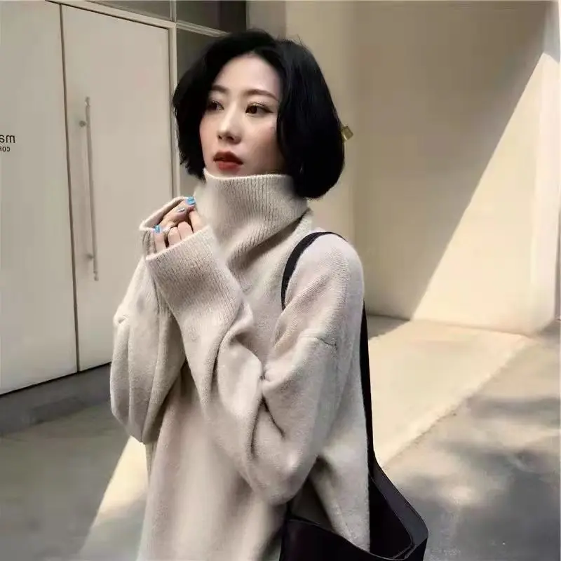 French Gentle Style High Neck Sweater for Women Autumn Winter Lazy Style Loose Warm Soft Comfort Knitted Women's Turtleneck Top