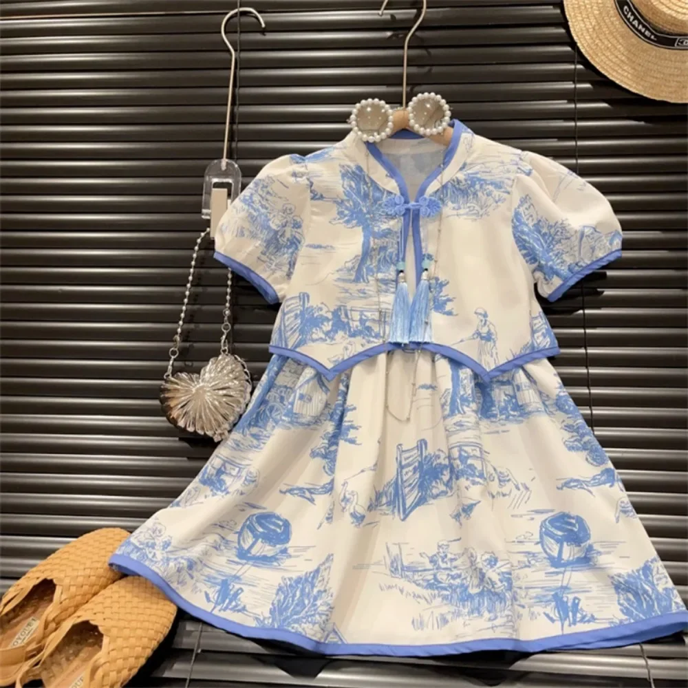 3-7 Years Summer New Girls Clothes Chinese Style Cheongsam Dress Set Blue Printed Jacket + Small Suspender Dresses Two-piece Set