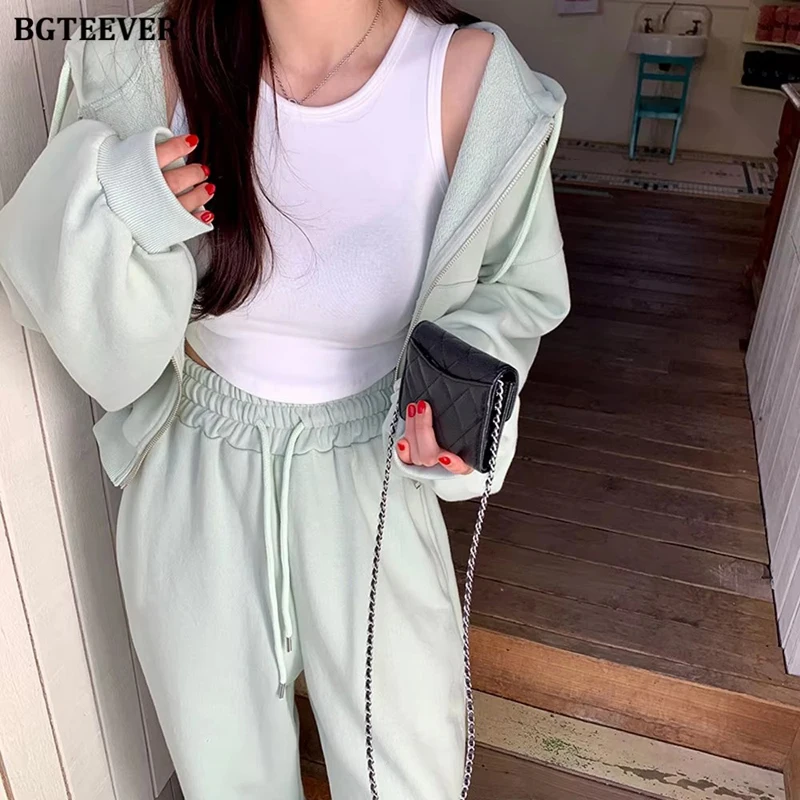 

BGTEEVER Spring Ladies Tracksuits Long Sleeve Zippers Hooded Sweatshirts & Wide Leg Drawstring Pants Casual Women Trouser Set