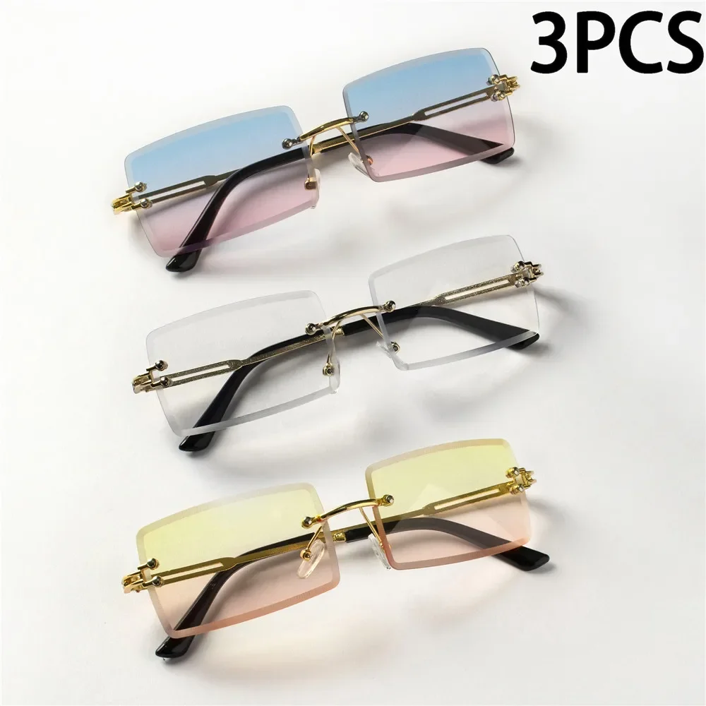3PCS Fashion Rimless Sunglasses Women Trendy Small Rectangle Sun Glasses  Summer Traveling Style Brown Shades for men