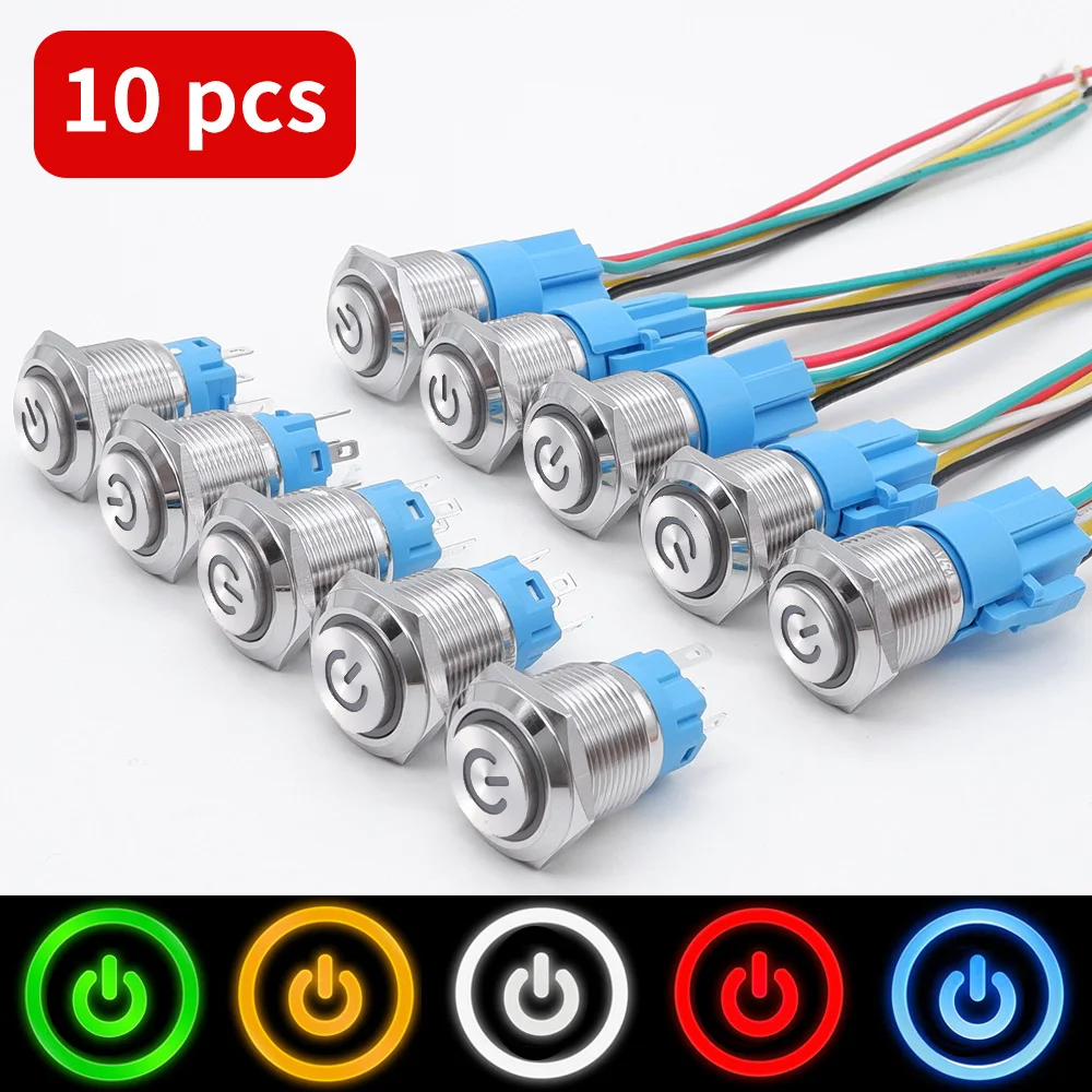 10 pcs Metal Push Button Switch 16/19/22mmRing Lamp Power Symbol LED Light Self-reset Lock ON OFF Momentary Latching Button 12V