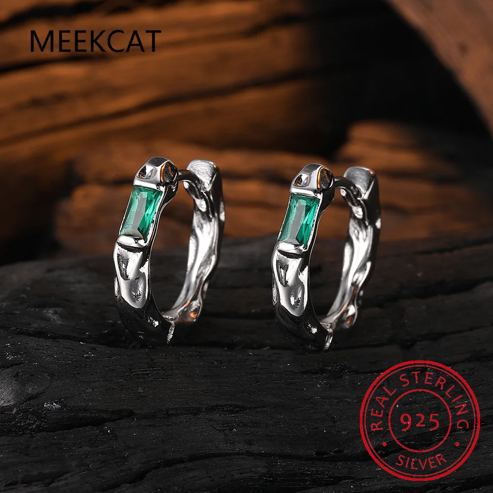 

1.1ct Emerald Cut Green Simulated Nano Emerald 925 Sterling Silver Irregular Texture Round Hoop Earring Women Gemstone Jewelry