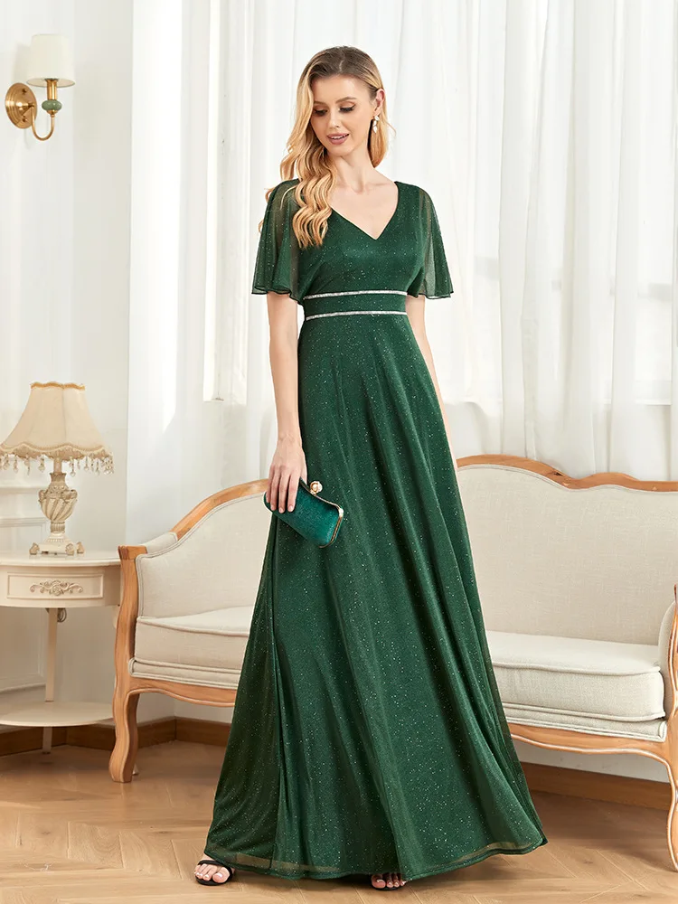 Robe de Soirée Longue Verte Élégante pour Femme, Col en V, Manches à Volants, Brillante, Tenue de Bal Formelle