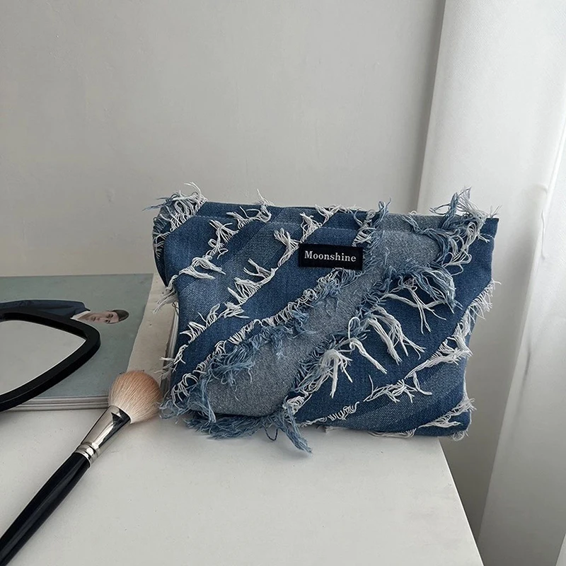 Denim Tassel Cosmetic Bag Clutch Bag Large Makeup Organizer Bags Korean Cosmetic Pouch Women Cute Toiletry Beauty Case