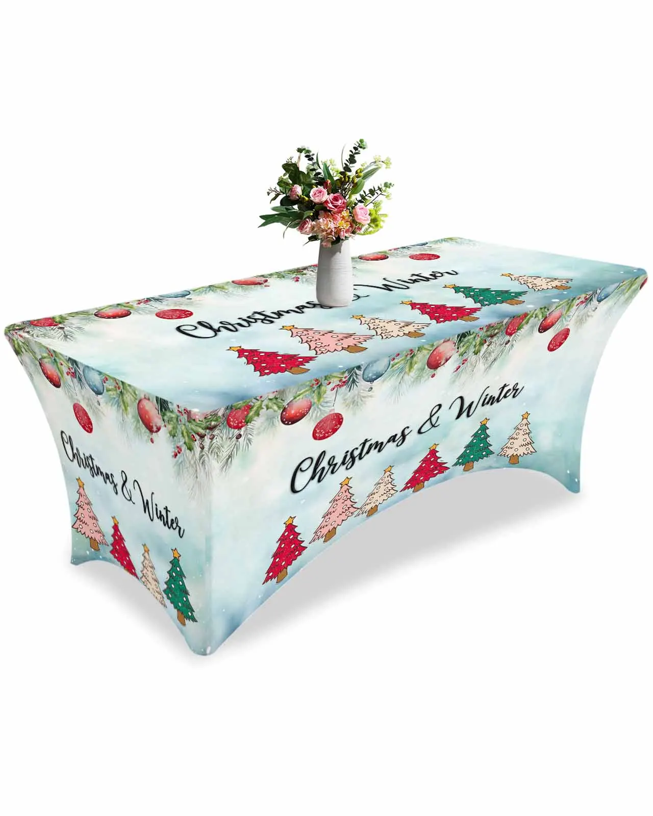 Christmas Snowflake Pine Tree High Stretch Tablecloth Wedding Party Decor Elastic Print Table Cover Outdoor Table Cloth