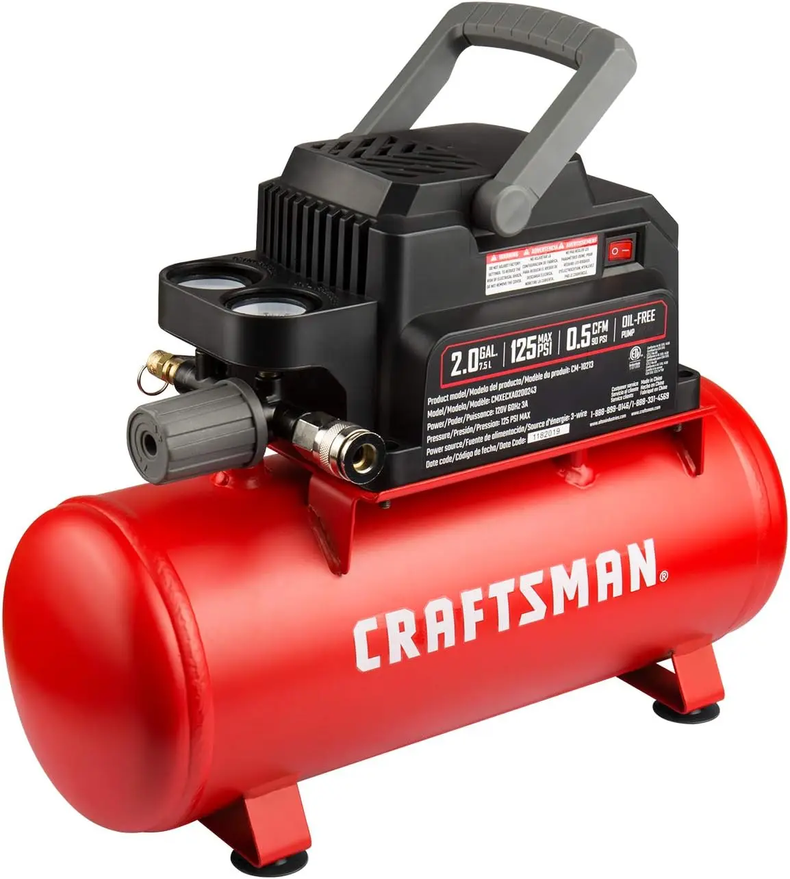 

Air Tools, 2 Gallon Portable Air Compressor 1/3 HP Oil-Free Max 125 PSI Pressure, Hot Dog, Model: CMXECXA0200243