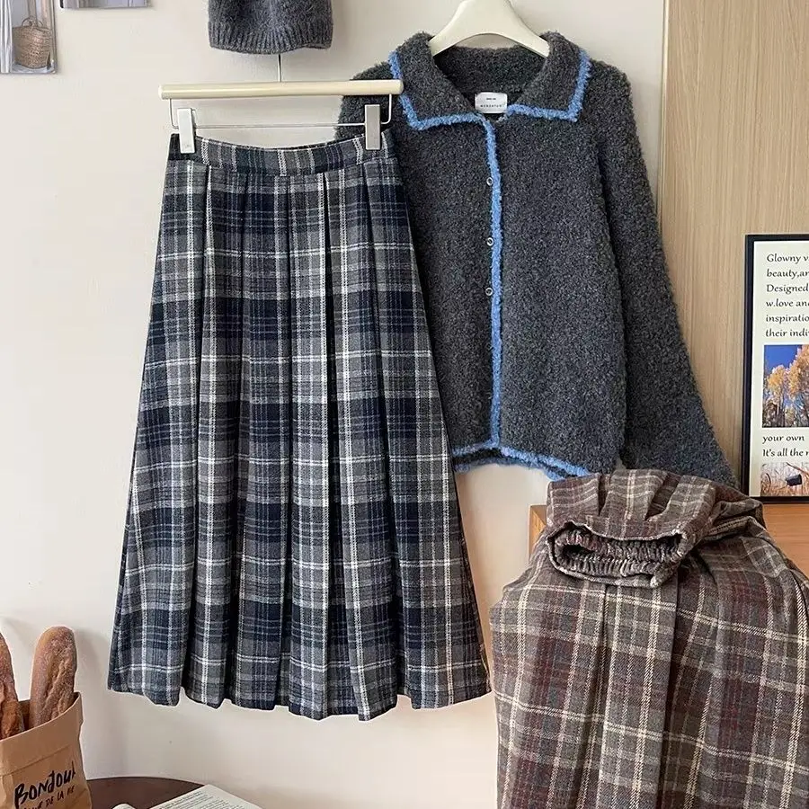 

Шерстяная плиссированная клетчатая юбка, женская осень-зима, эластичные юбки с высокой талией в стиле ретро, женские японские трапециевидные юбки Faldas, новинка 2023 г.
