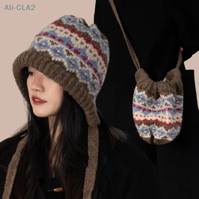 Retro Plaid Strap Knitted Beanies Caps For Women Autumn And Winter Travel Warm Casual Versatile Korean Balaclava Hats