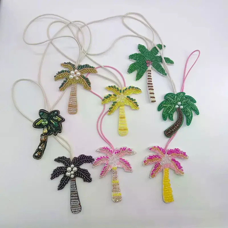 New Crystal Applique Patch Bag Pendant Sequin Coconut Tree Patch Keychain Hanging Rope 3D Beaded Patch Lanyard Gift