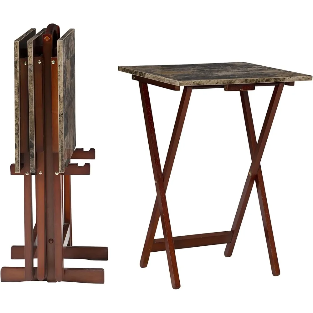 

Brown Faux Marble Tray Table Set Includes 4 Tray Tables and 1 Stand